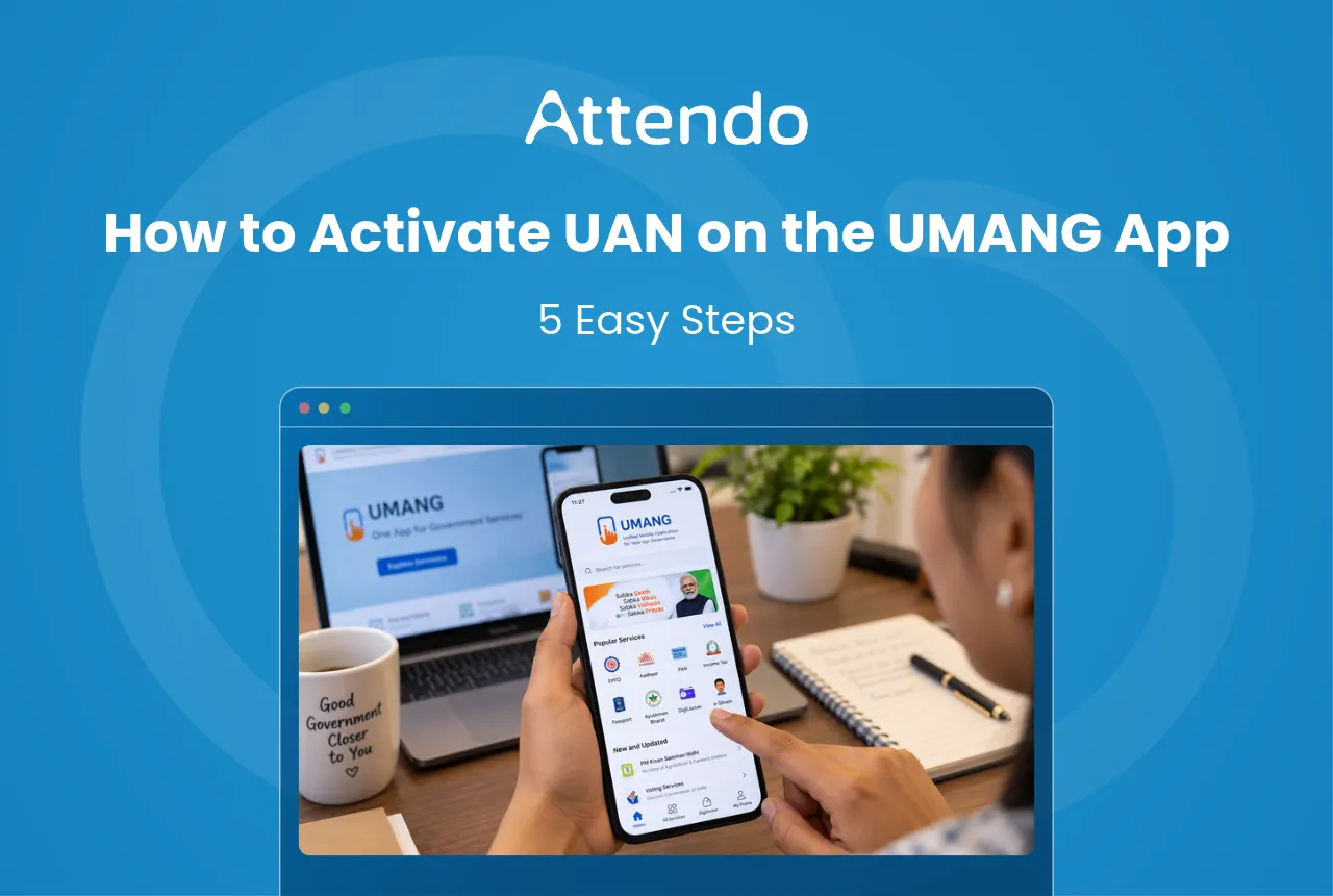 This image shows how to activate a UAN on the UMANG app in five easy steps using a smartphone and laptop.