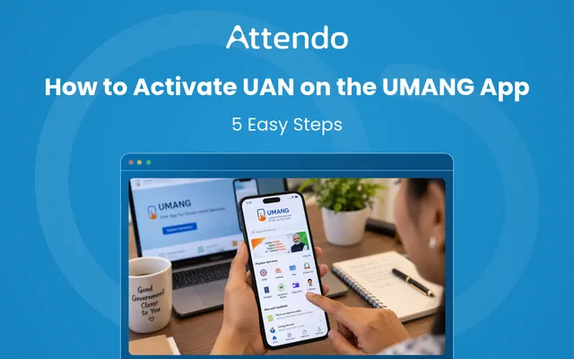 This image shows how to activate a UAN on the UMANG app in five easy steps using a smartphone and laptop.