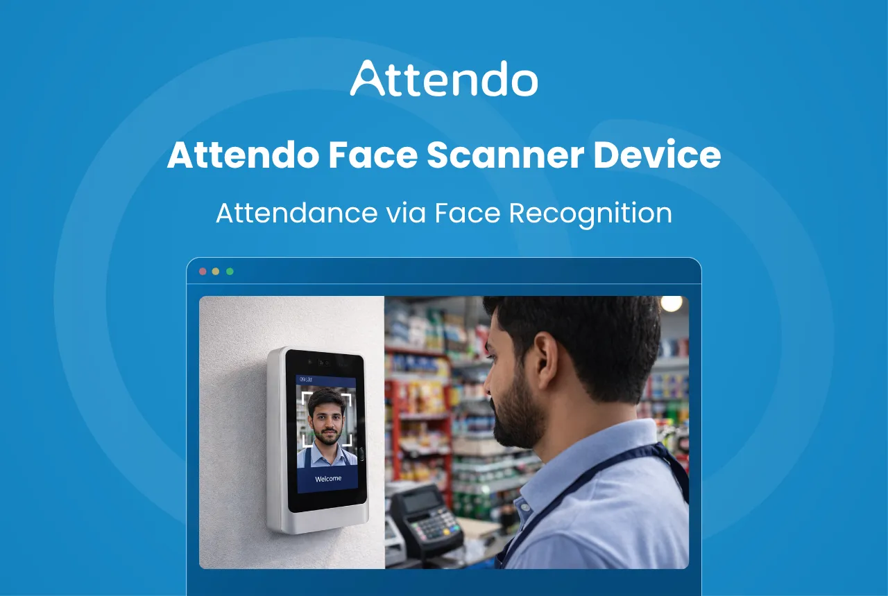 Attendo face scanner device records employee attendance using face recognition technology.
