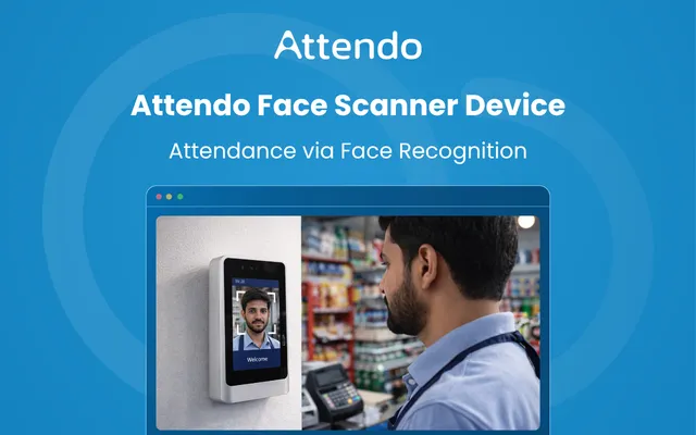 Attendo face scanner device records employee attendance using face recognition technology.