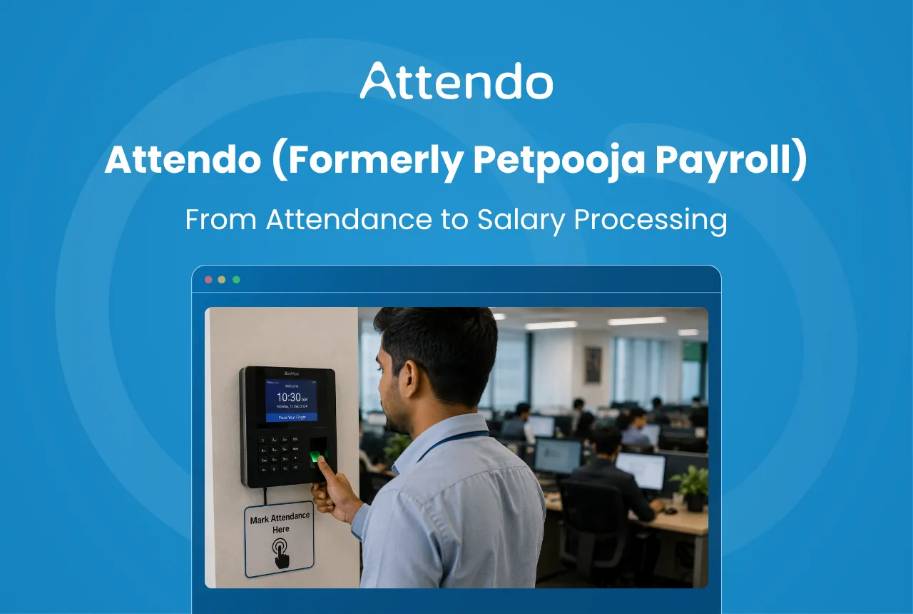 Attendo, formerly Petpooja Payroll, showing biometric attendance linked to salary processing.