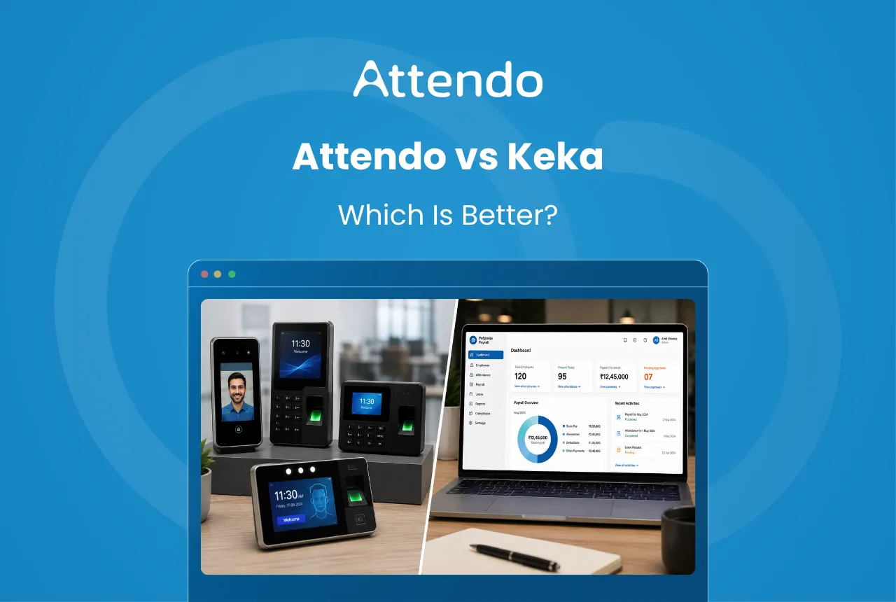 Attendo vs Keka comparison showing two HR software options for business payroll and employee management.