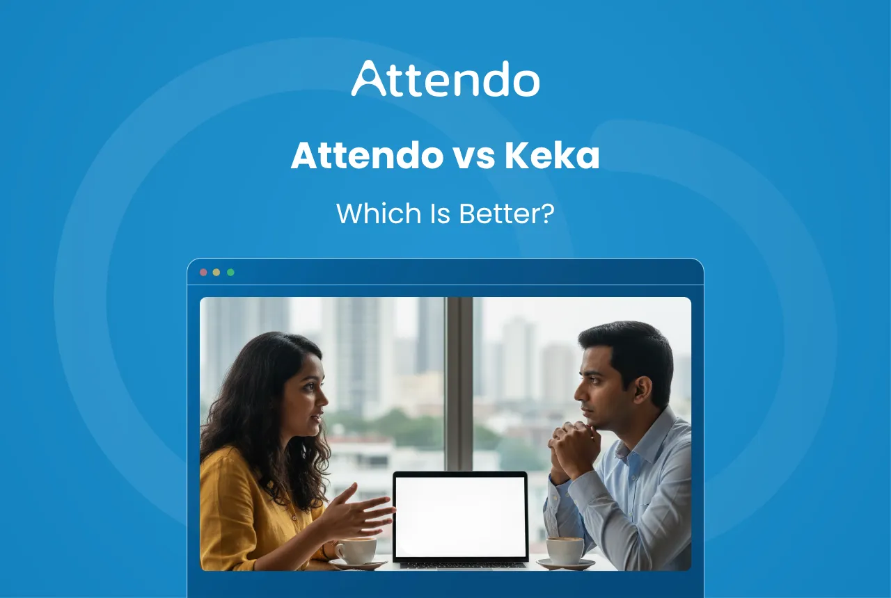 Attendo vs Keka comparison showing two HR software options for business payroll and employee management.