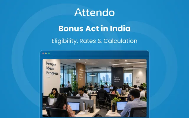Realistic corporate office scene showing employees at work, representing the Payment of Bonus Act in India, with a professional workplace and team environment.