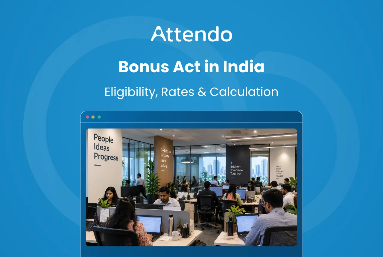 Realistic corporate office scene showing employees at work, representing the Payment of Bonus Act in India, with a professional workplace and team environment.