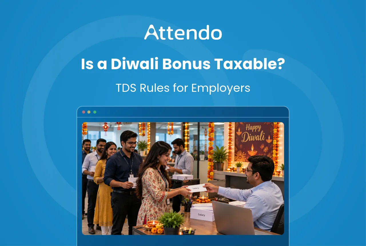 Diwali bonus taxability in India, showing an employer distributing salary bonuses to employees during Diwali and explaining TDS rules.