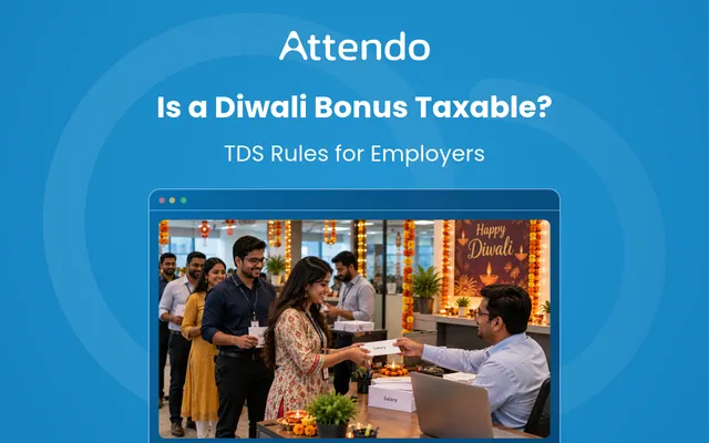Diwali bonus taxability in India, showing an employer distributing salary bonuses to employees during Diwali and explaining TDS rules.