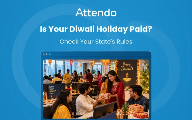 Diwali holiday pay in India, showing colleagues celebrating the festival with traditional attire, gifts and office decorations.
