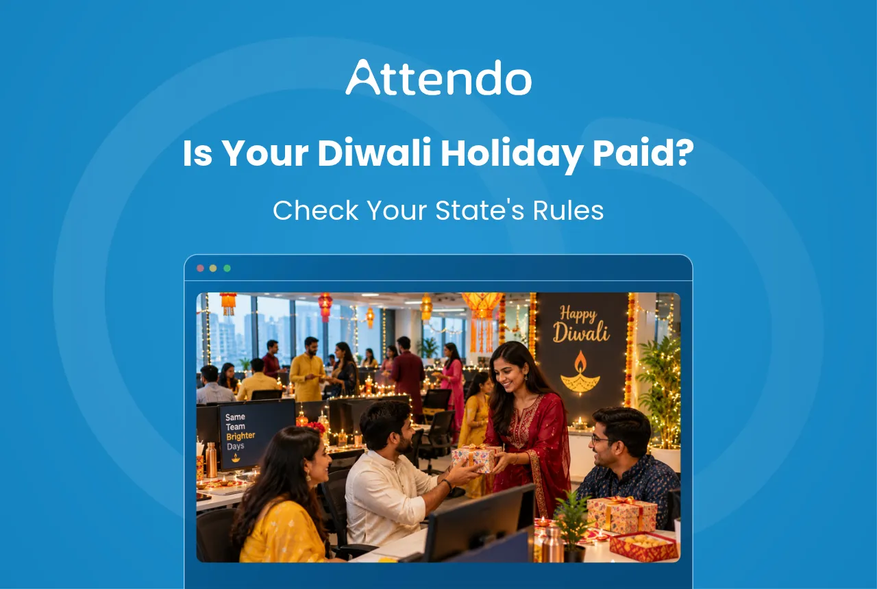 Diwali holiday pay in India, showing colleagues celebrating the festival with traditional attire, gifts and office decorations.