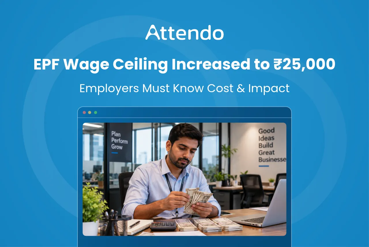 EPF wage ceiling increase to ₹25,000, showing an employee calculating salary and handling cash at an office desk.