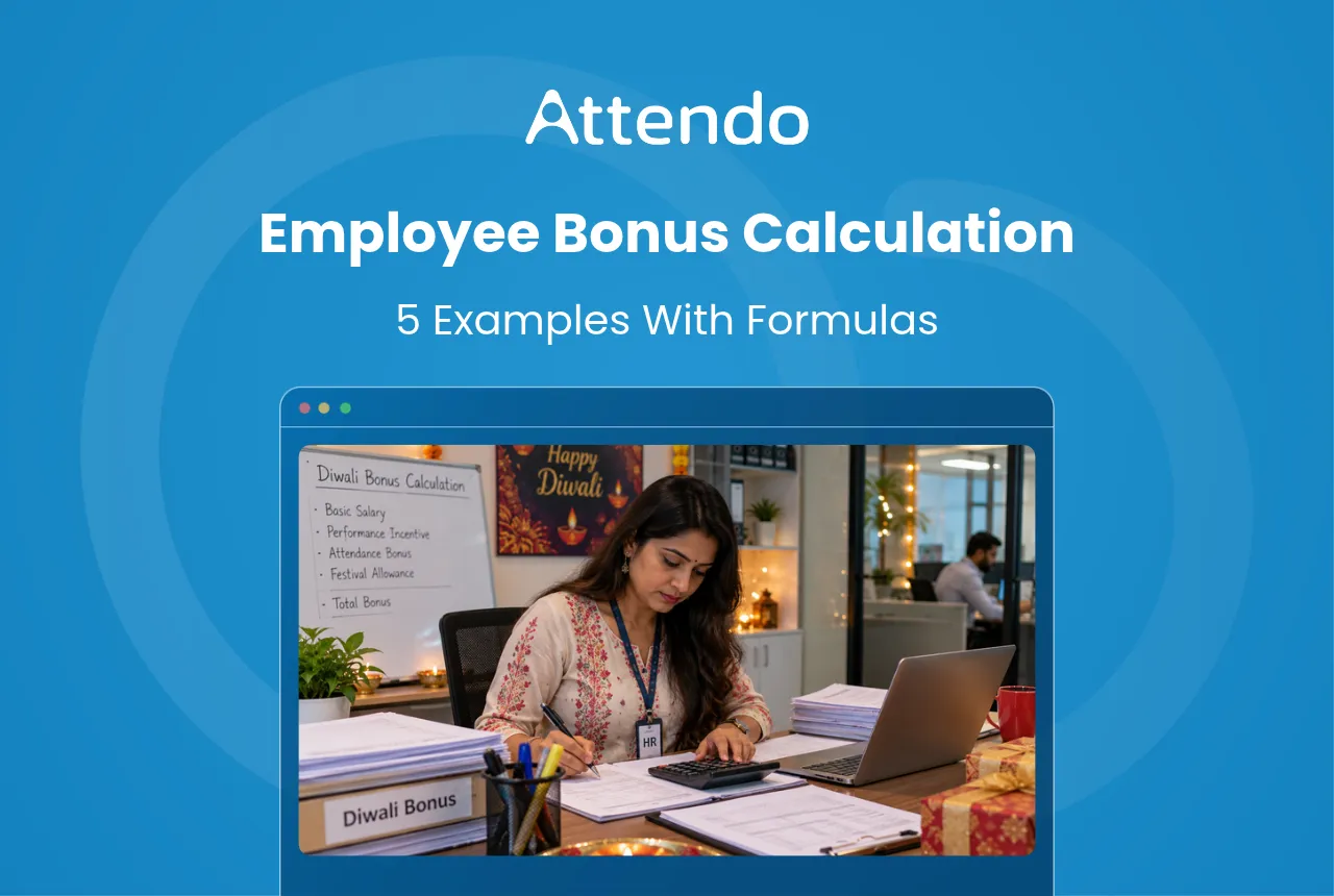 Employee bonus calculation in India, showing an HR professional calculating Diwali bonuses using salary records, a calculator and payroll formulas.
