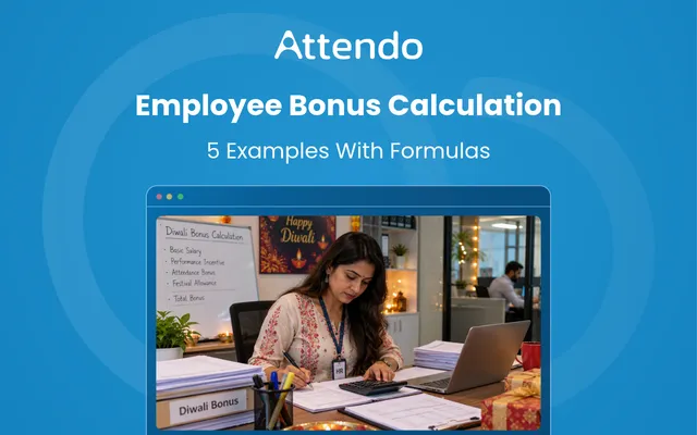 Employee bonus calculation in India, showing an HR professional calculating Diwali bonuses using salary records, a calculator and payroll formulas.