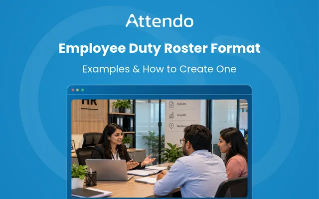 Employee duty roster format with HR discussing work schedules and shifts with employees in an office.