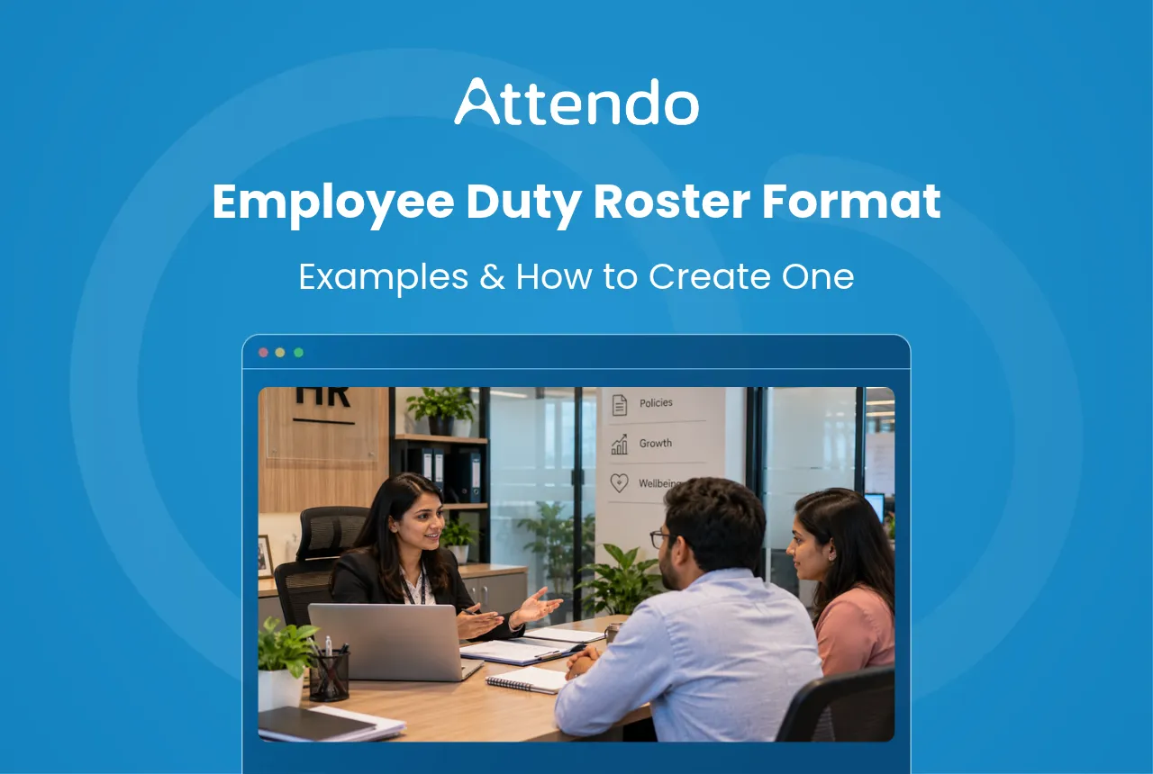 Employee duty roster format with HR discussing work schedules and shifts with employees in an office.