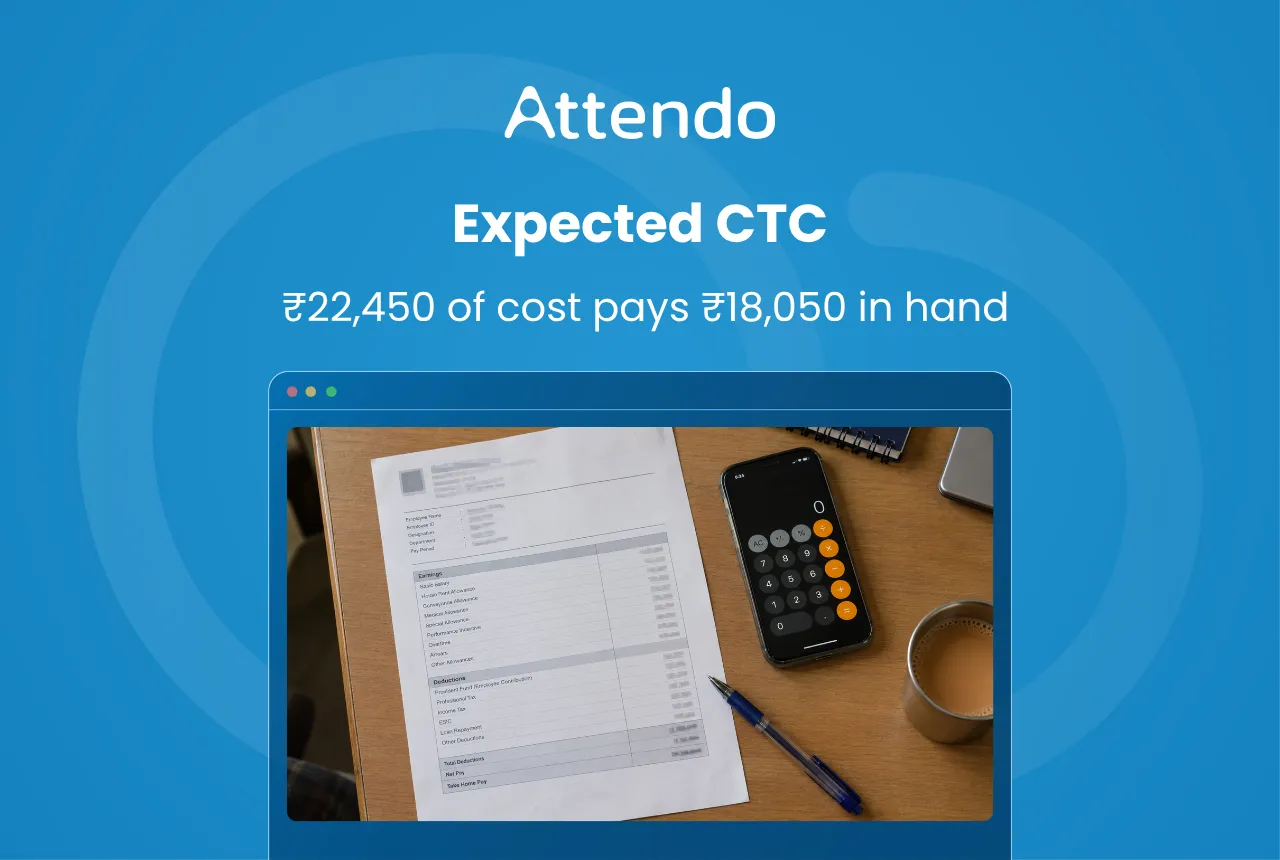 Expected CTC, ₹22,450 of cost pays ₹18,050 in hand. A printed salary breakup on a desk with a phone calculator, a pen and a cup of tea.