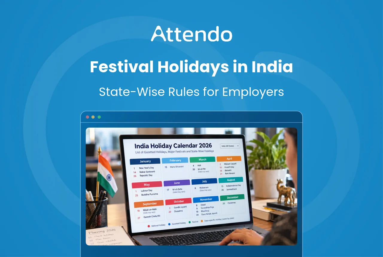 Festival holidays in India 2026, showing a laptop with a holiday calendar and state-wise holiday rules for employers.