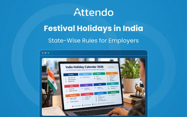 Festival holidays in India 2026, showing a laptop with a holiday calendar and state-wise holiday rules for employers.