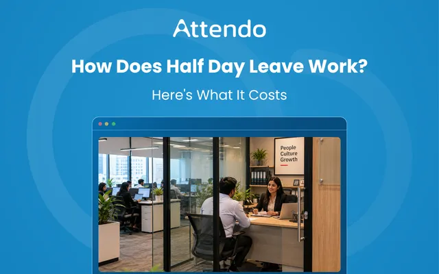 Half day leave explained with an employee discussing leave terms with HR in an office.