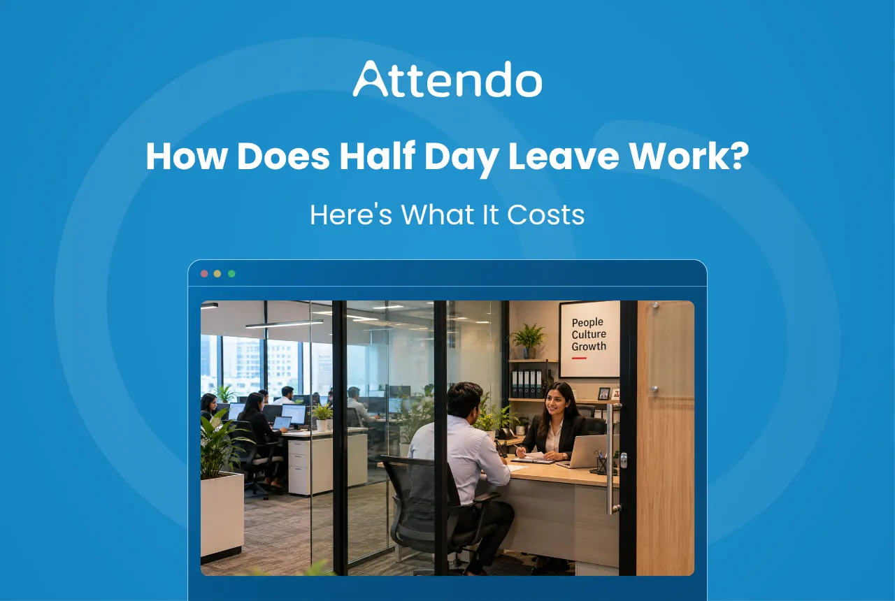 Half day leave explained with an employee discussing leave terms with HR in an office.