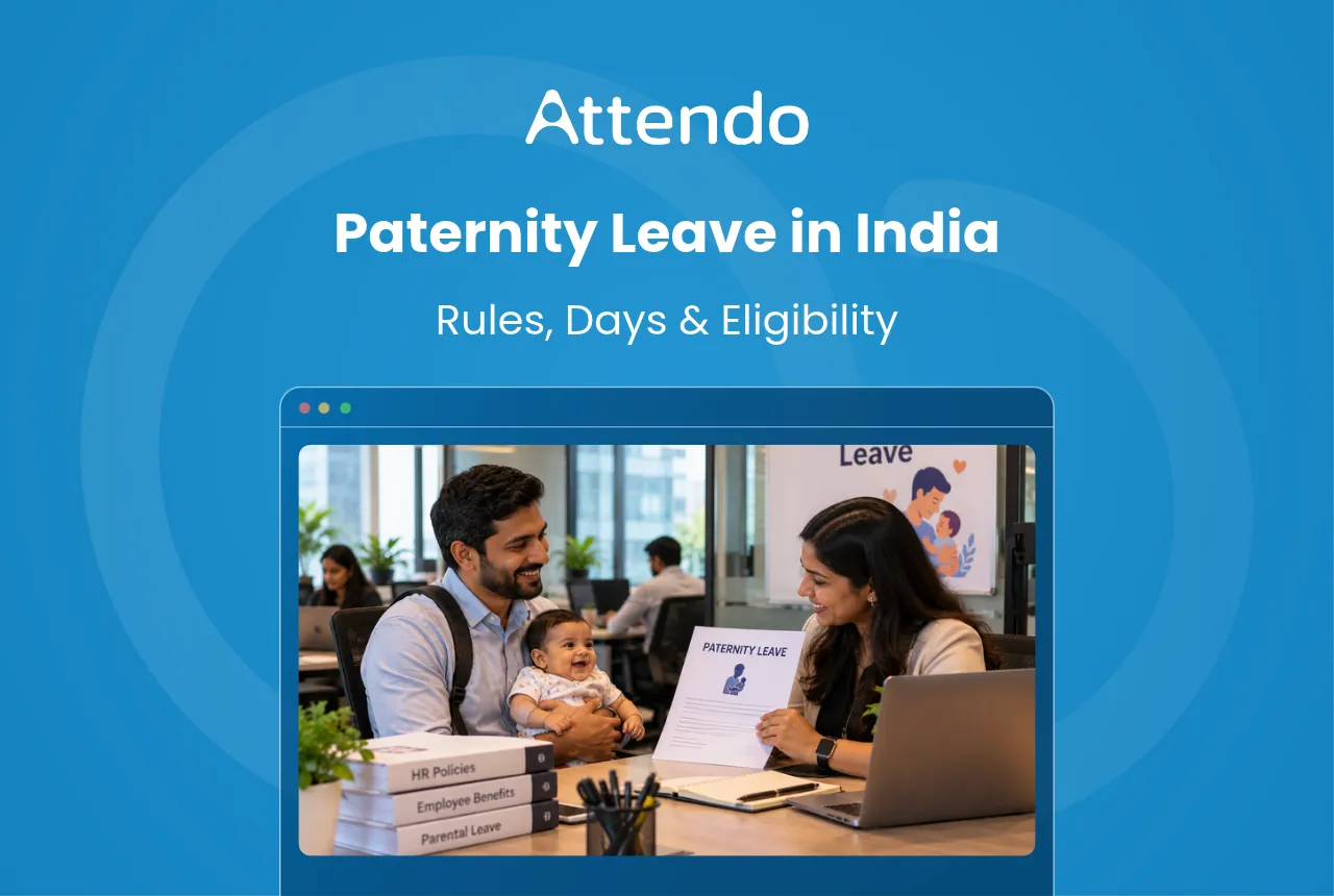 Paternity leave in India, illustrating a father with his baby discussing leave rules, duration and eligibility with an HR professional.