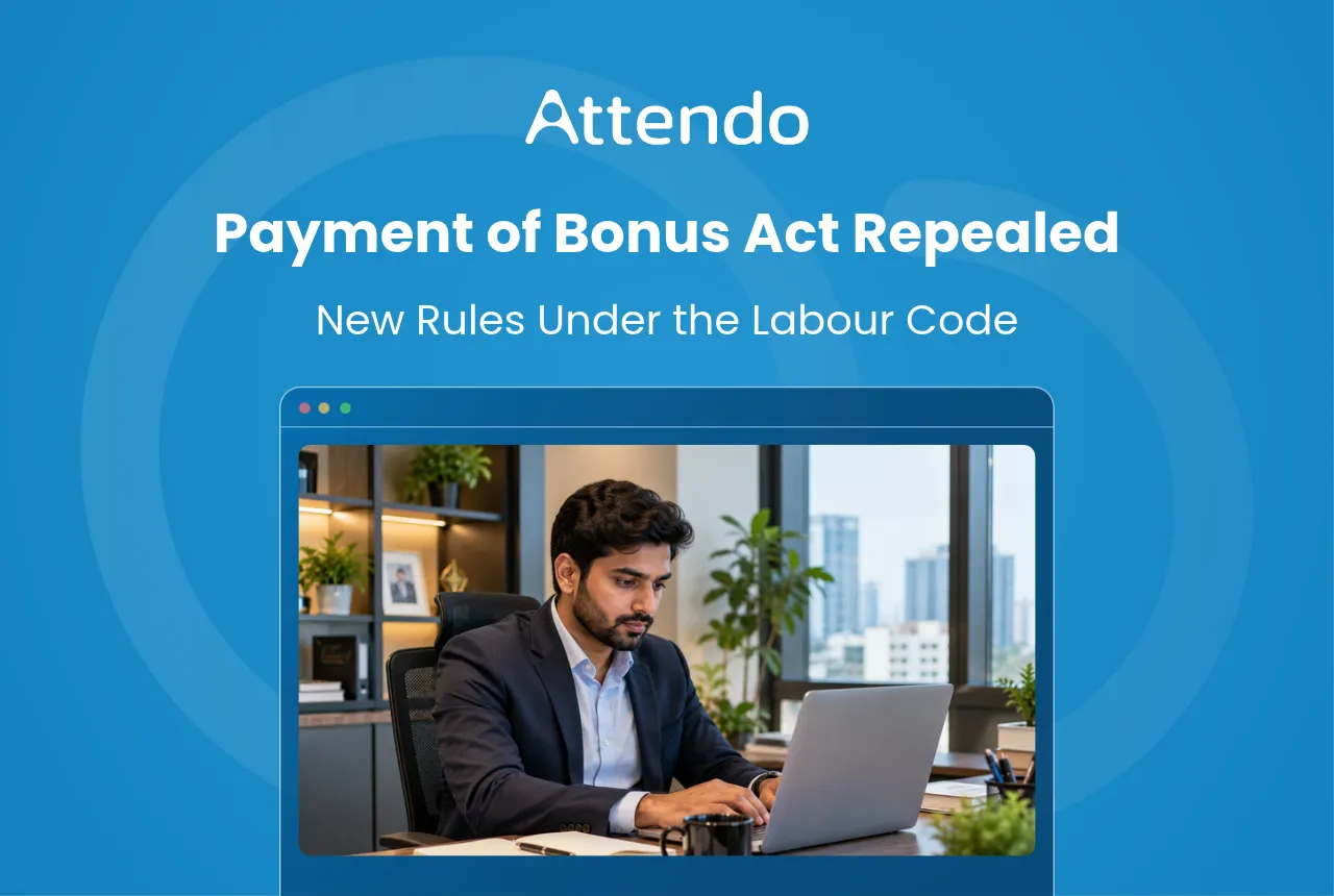 Payment of Bonus Act repeal and new Labour Code rules, featuring a professional reviewing documents on a laptop in an office.