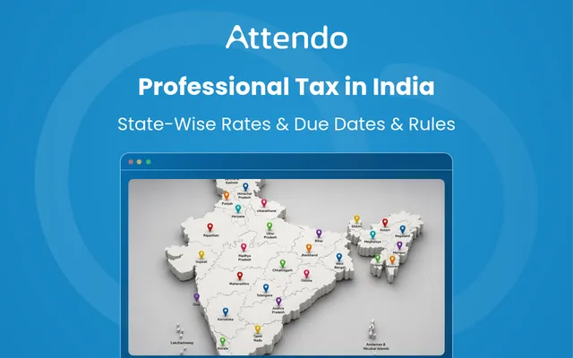 This graphic image shows a map of India with state markers, representing professional tax rates, due dates, and rules across different states.