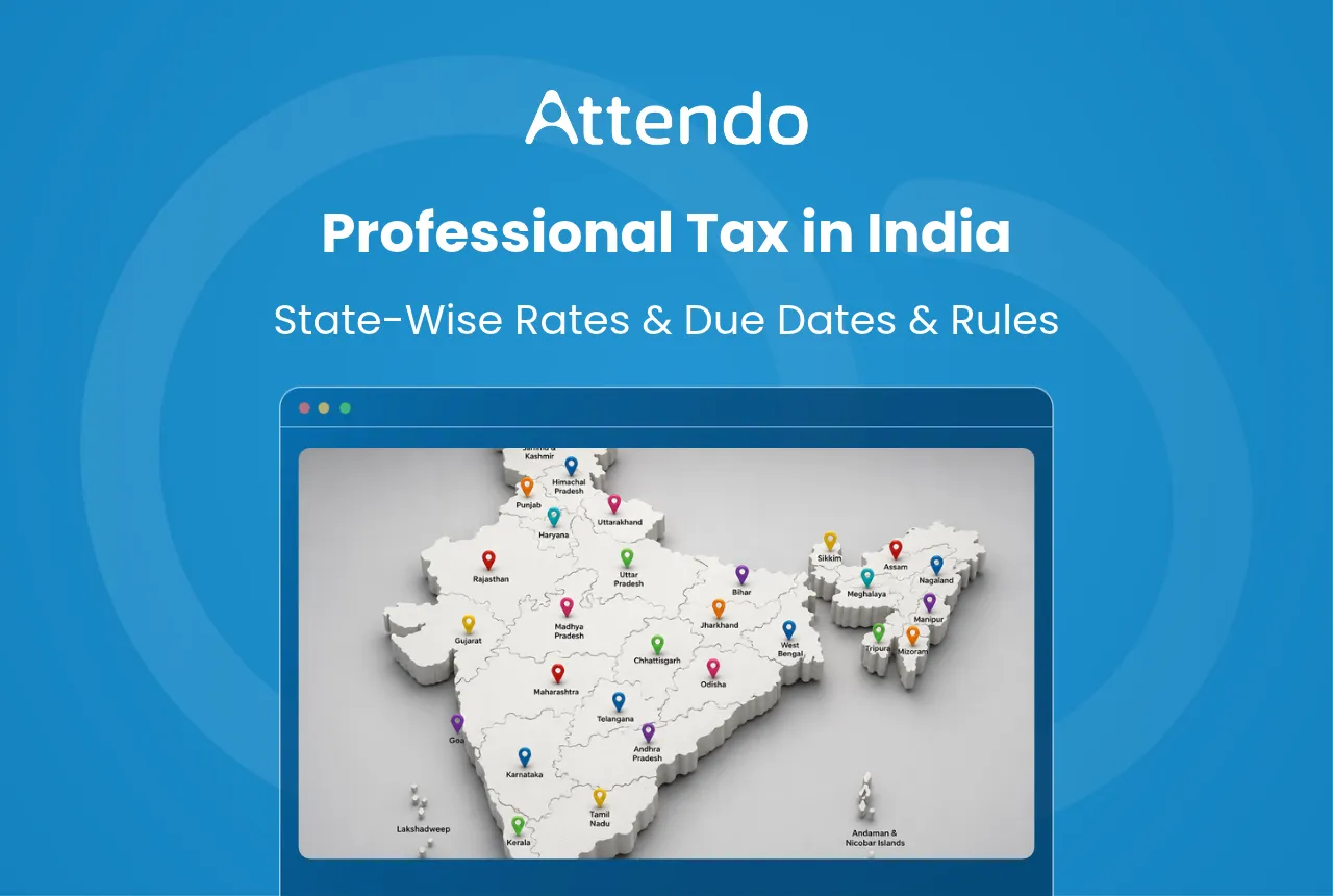 This graphic image shows a map of India with state markers, representing professional tax rates, due dates, and rules across different states.