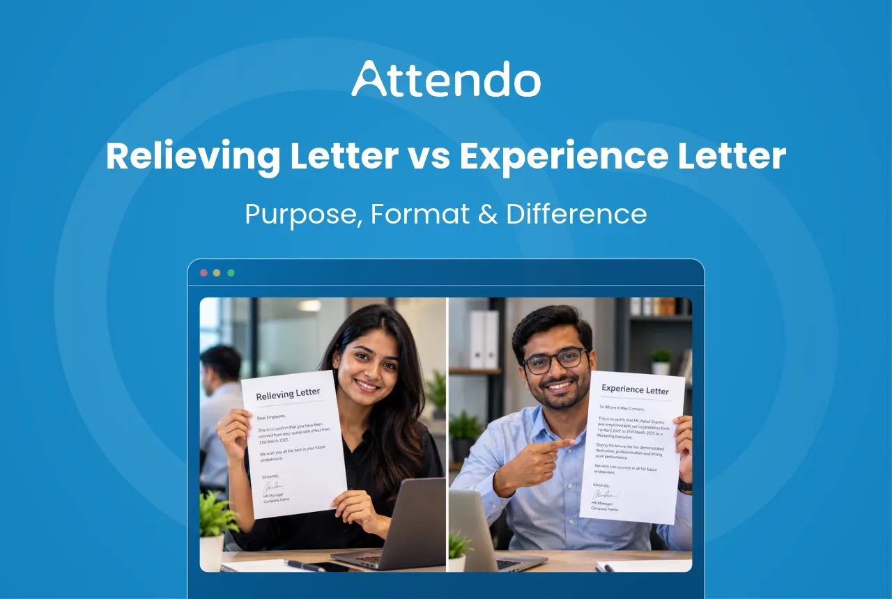 Relieving letter vs experience letter showing employees holding documents that confirm employment and work experience.