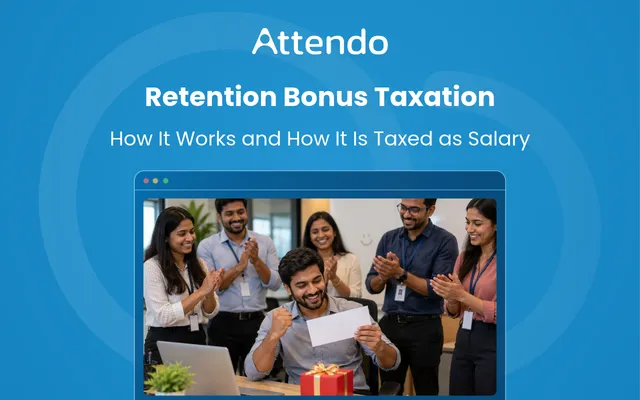 Retention bonus taxation in India, showing an employee receiving a bonus while colleagues celebrate, illustrating employee rewards and salary tax implications.
