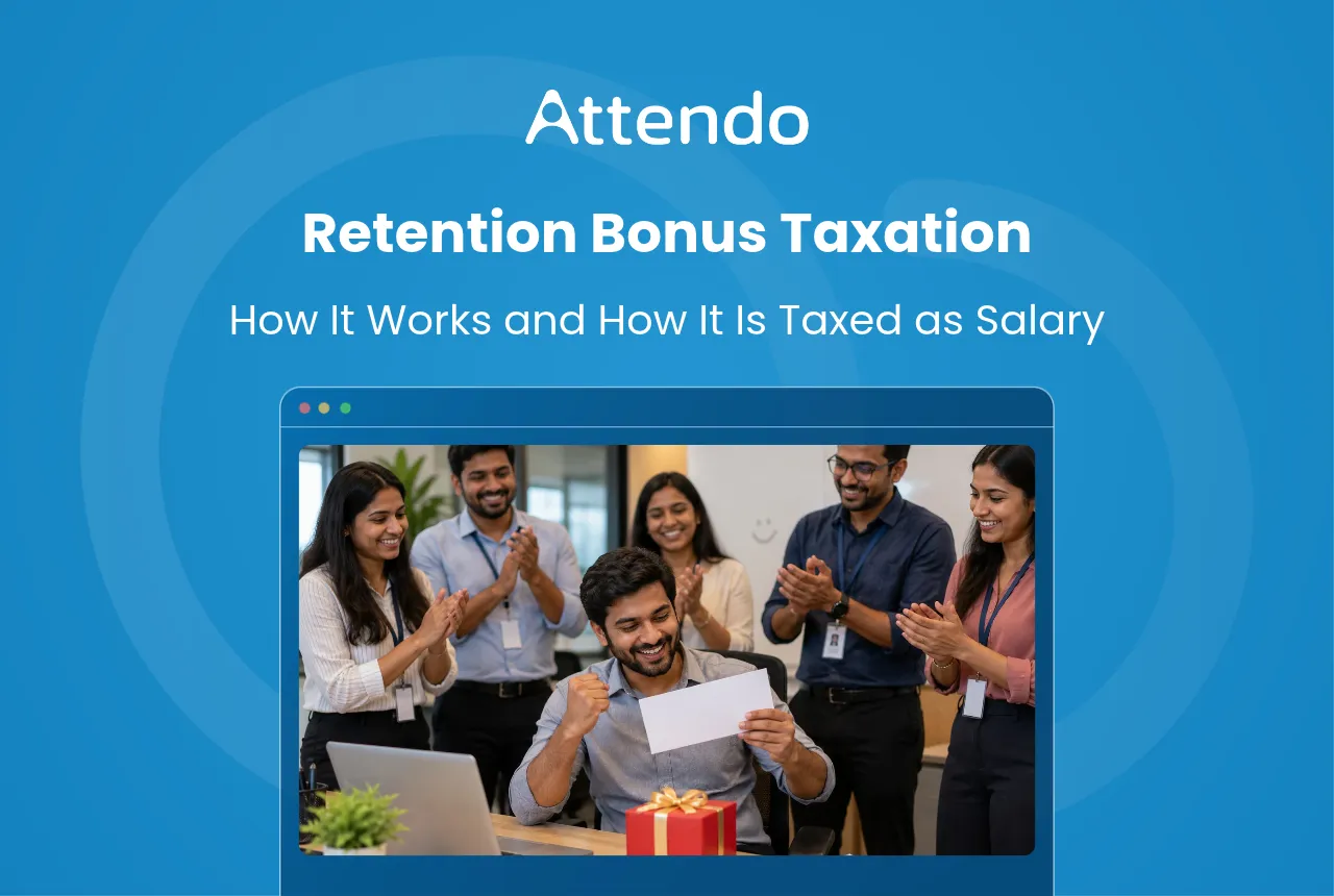 Retention bonus taxation in India, showing an employee receiving a bonus while colleagues celebrate, illustrating employee rewards and salary tax implications.