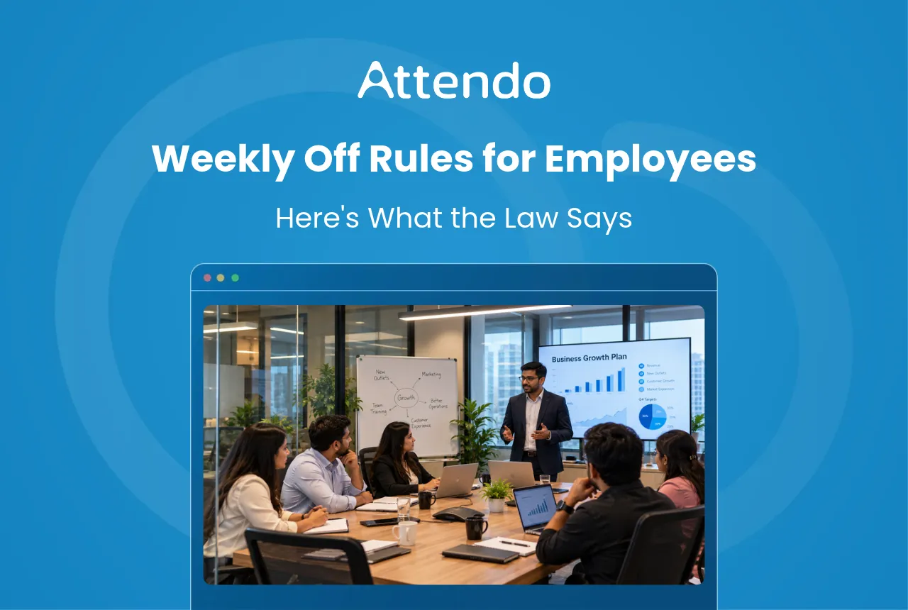 Weekly off rules for employees explained during a workplace meeting with an HR team.
