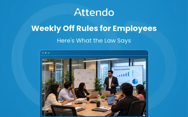 Weekly off rules for employees explained during a workplace meeting with an HR team.