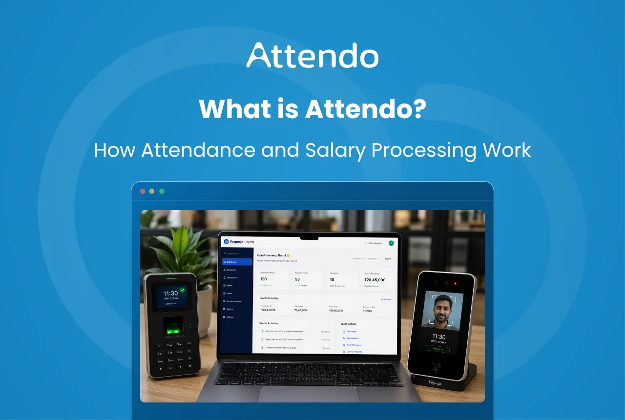 Attendo payroll software dashboard with biometric and face recognition devices for attendance and salary processing.