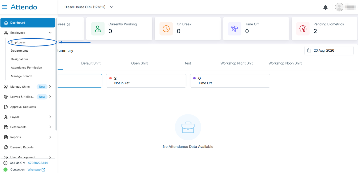 Attendo left navigation menu expanded on Employees, showing the Employees, Departments, Designations, Attendance Permission and Manage Branch options.
