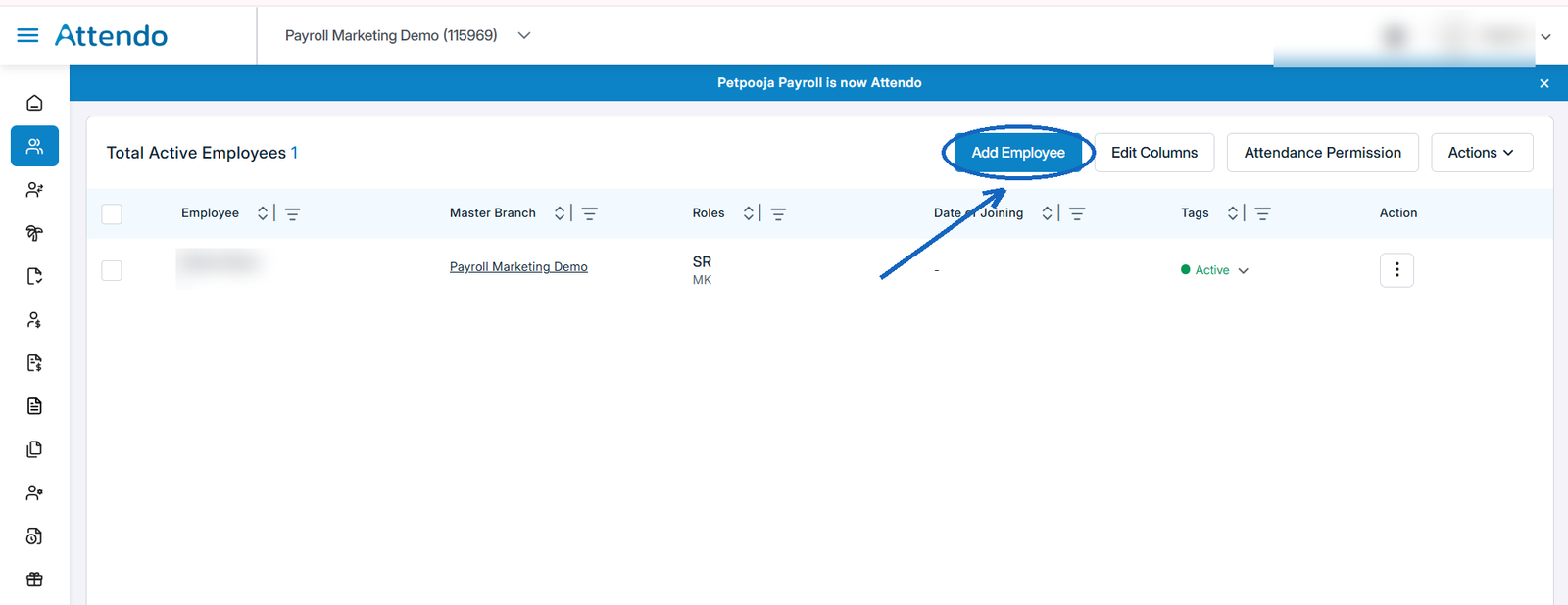 Attendo employee list with the Add Employee button highlighted