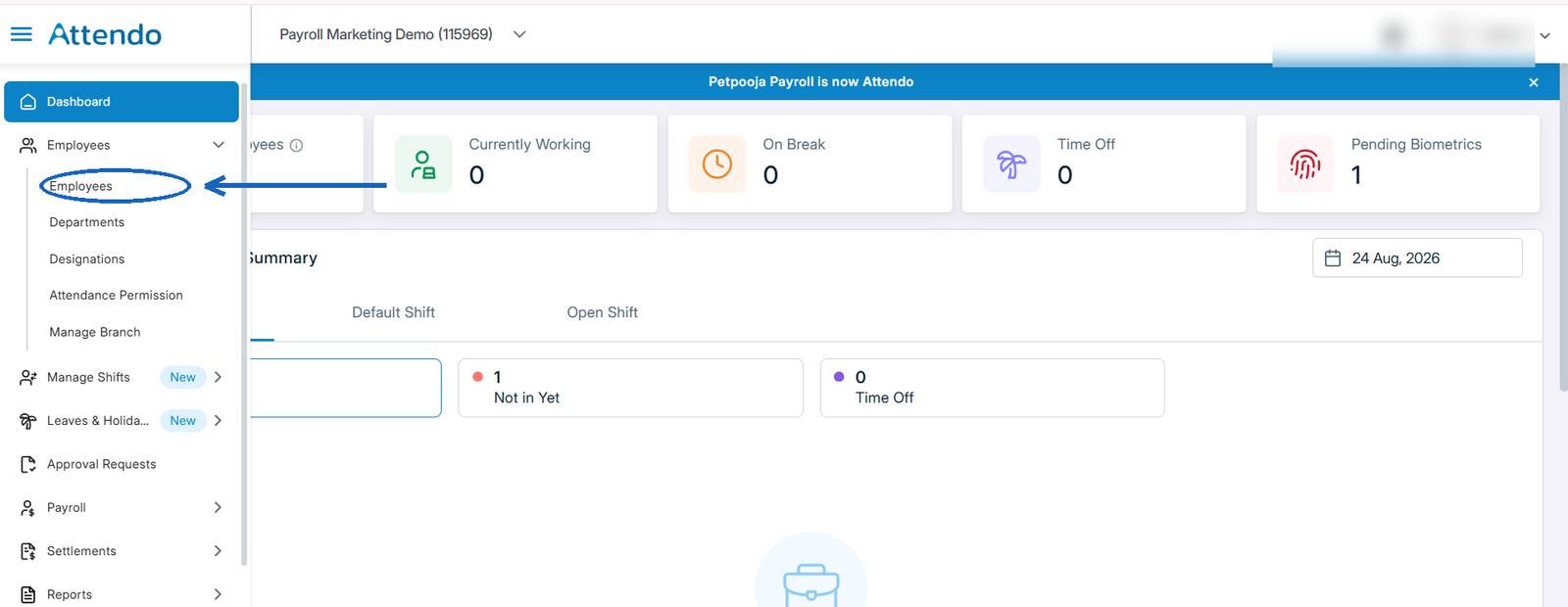 Attendo dashboard with the Employees menu open in the left sidebar