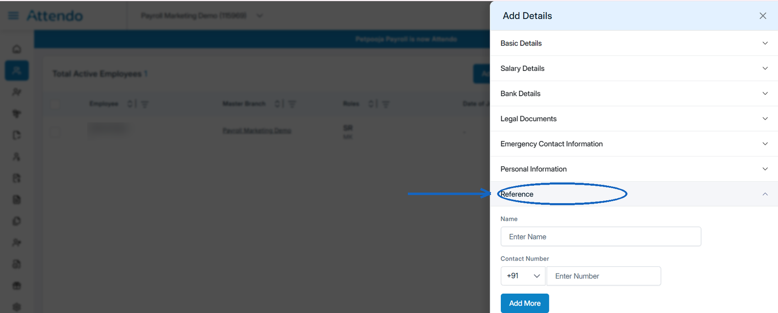 Reference section in Attendo, with name and contact number fields