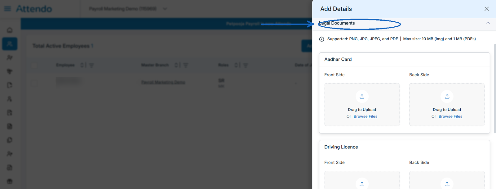 Legal Documents upload section in Attendo, showing Aadhar and Driving Licence