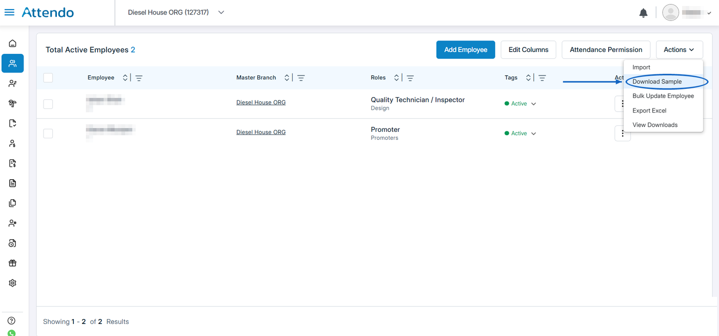Employees screen displaying the Actions menu with the ‘Download Sample’ option highlighted, allowing HR users to download a preformatted Excel or CSV employee data template.