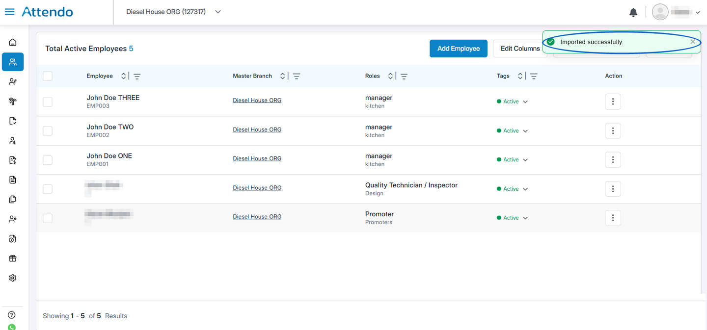 Attendo Employees screen after a bulk import, showing the green Imported successfully confirmation and the newly added employee records listed with their employee codes.