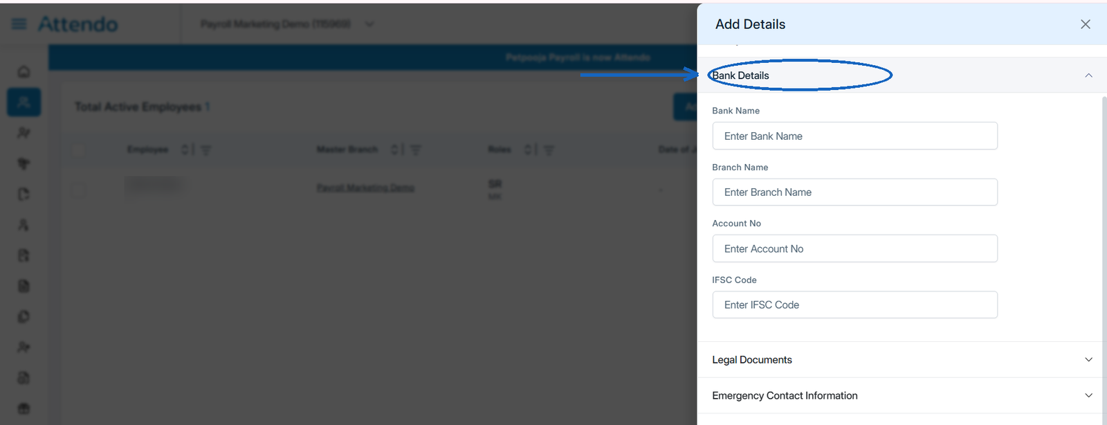 Bank Details section of the Add Details panel in Attendo