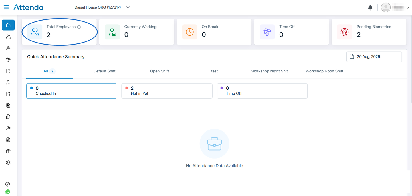 Attendo dashboard overview displaying total employees, currently working staff, attendance summary, and real-time HR metrics for quick daily tracking.