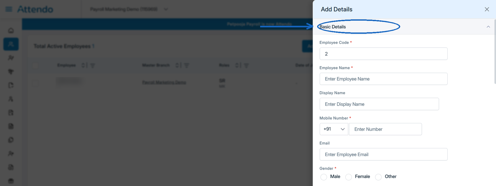 Basic Details section of the Add Details panel in Attendo