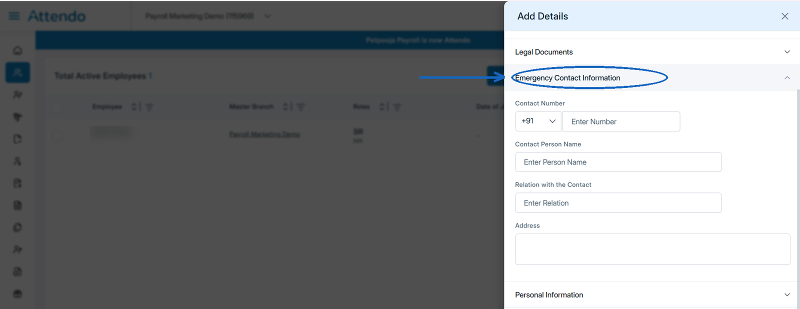 Emergency Contact Information section in Attendo
