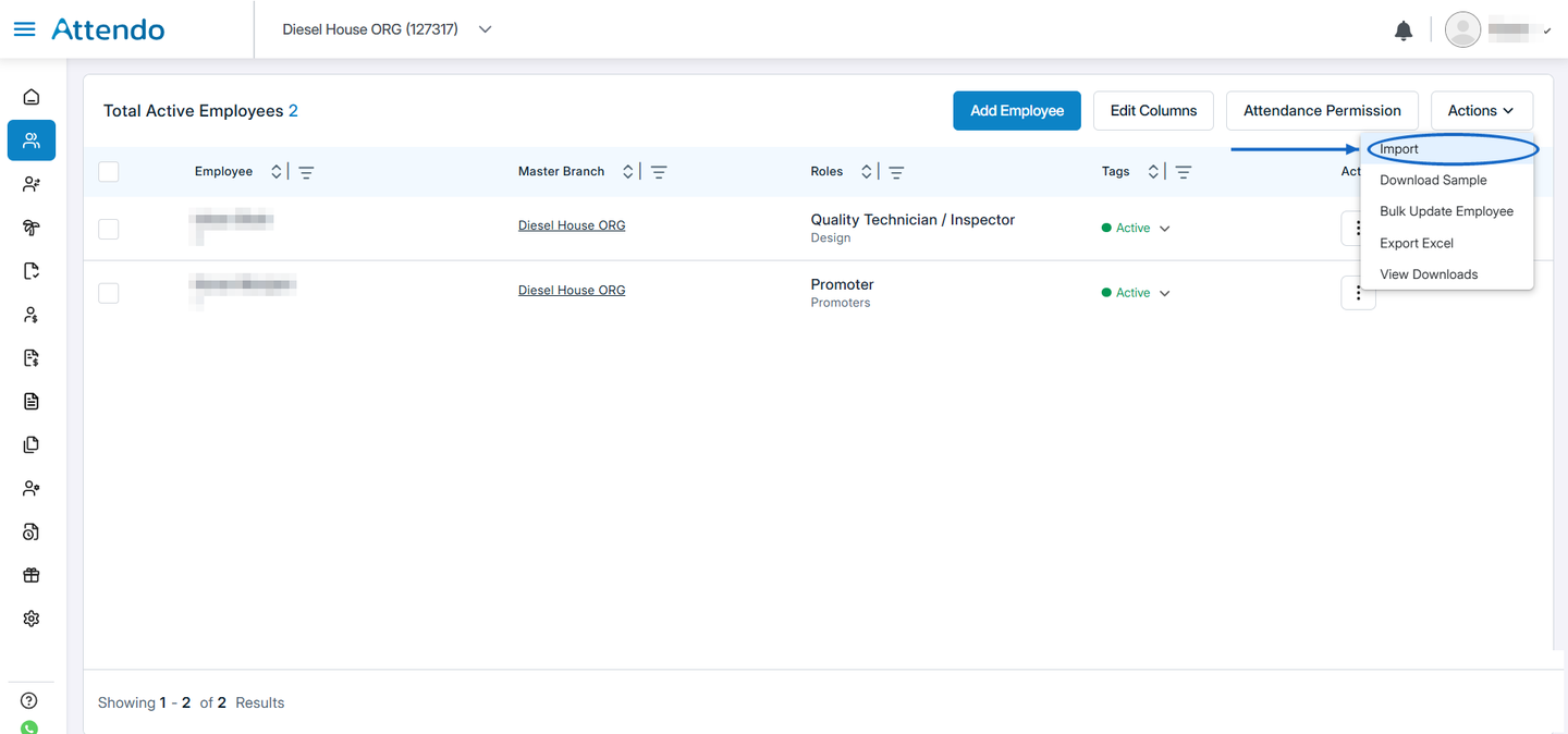 Attendo Employees page showing the Actions dropdown with the ‘Import’ option selected for uploading employee lists directly into the system.